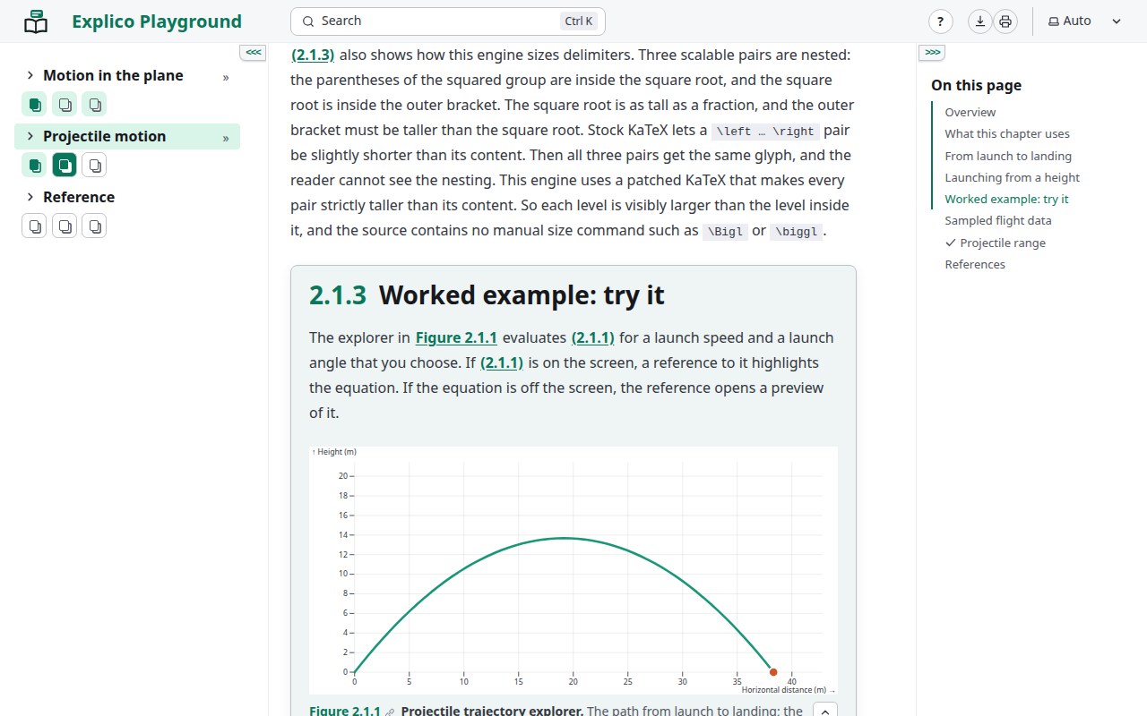 The playground's projectile range lesson, with its interactive trajectory explorer