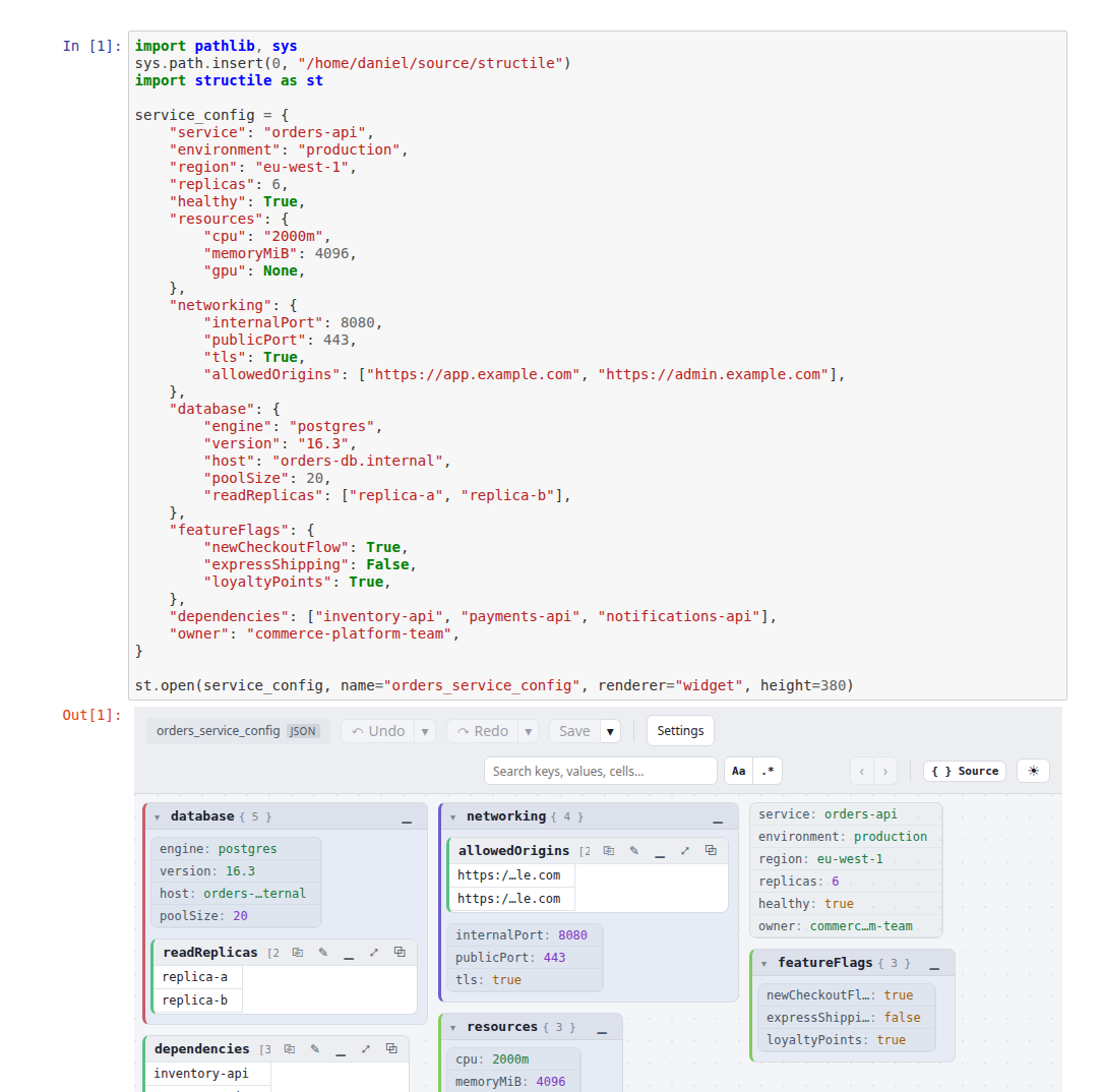 The widget renderer showing an inline Jupyter output below the cell that called st.open() — a nested service-config dict rendered as packed boxes for database, networking, and featureFlags